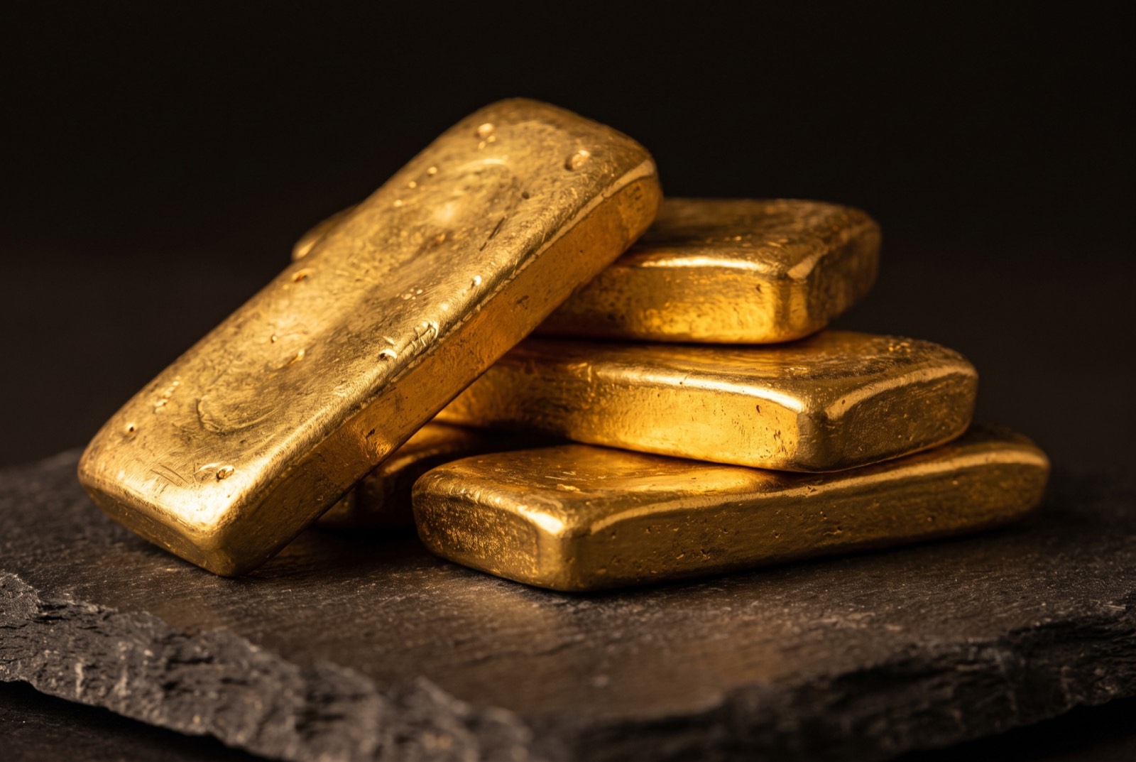 Gegossene Goldbarren auf einer Schieferplatte
