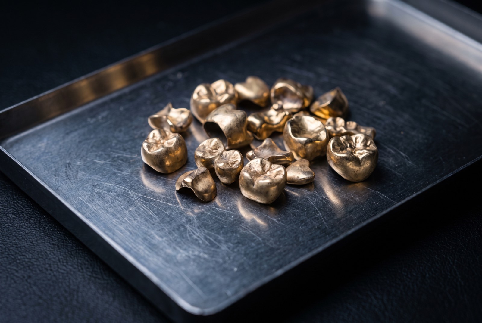 Gebrauchte Goldkronen und Inlays auf einer Prüfschale aus Stahl