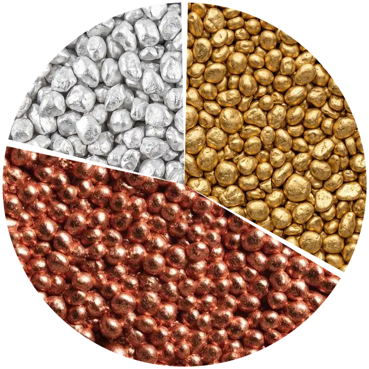 Kreisdiagramm der Zusammensetzung von 333er Gold: 33,3 % Gold, 45,4 % Kupfer, 21,3 % Silber