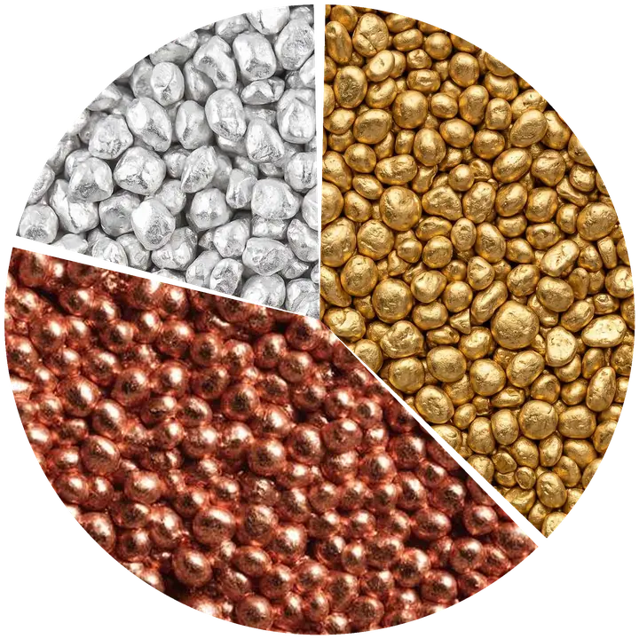 Kreisdiagramm der Zusammensetzung von 375er Gold: 37,5 % Gold, 41,5 % Kupfer, 21 % Silber