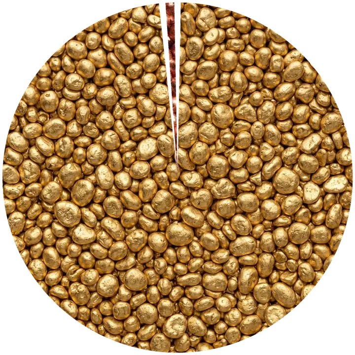 Kreisdiagramm der Zusammensetzung von 986er Gold: 98,6 % Gold, 1,4 % Kupfer