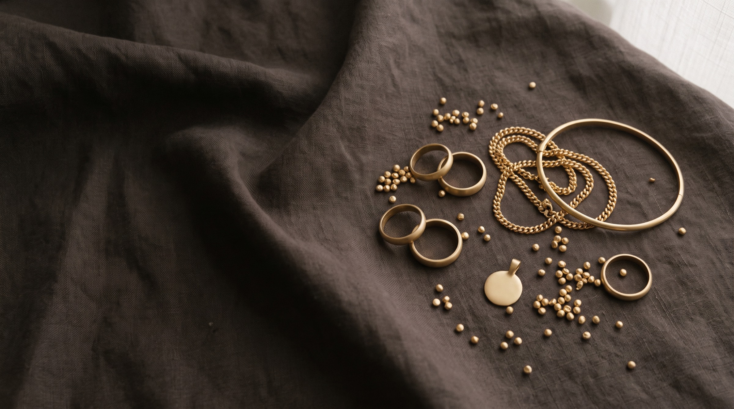 Bruchgold, Ketten, Ringe und Goldgranulat auf dunklem Leinen