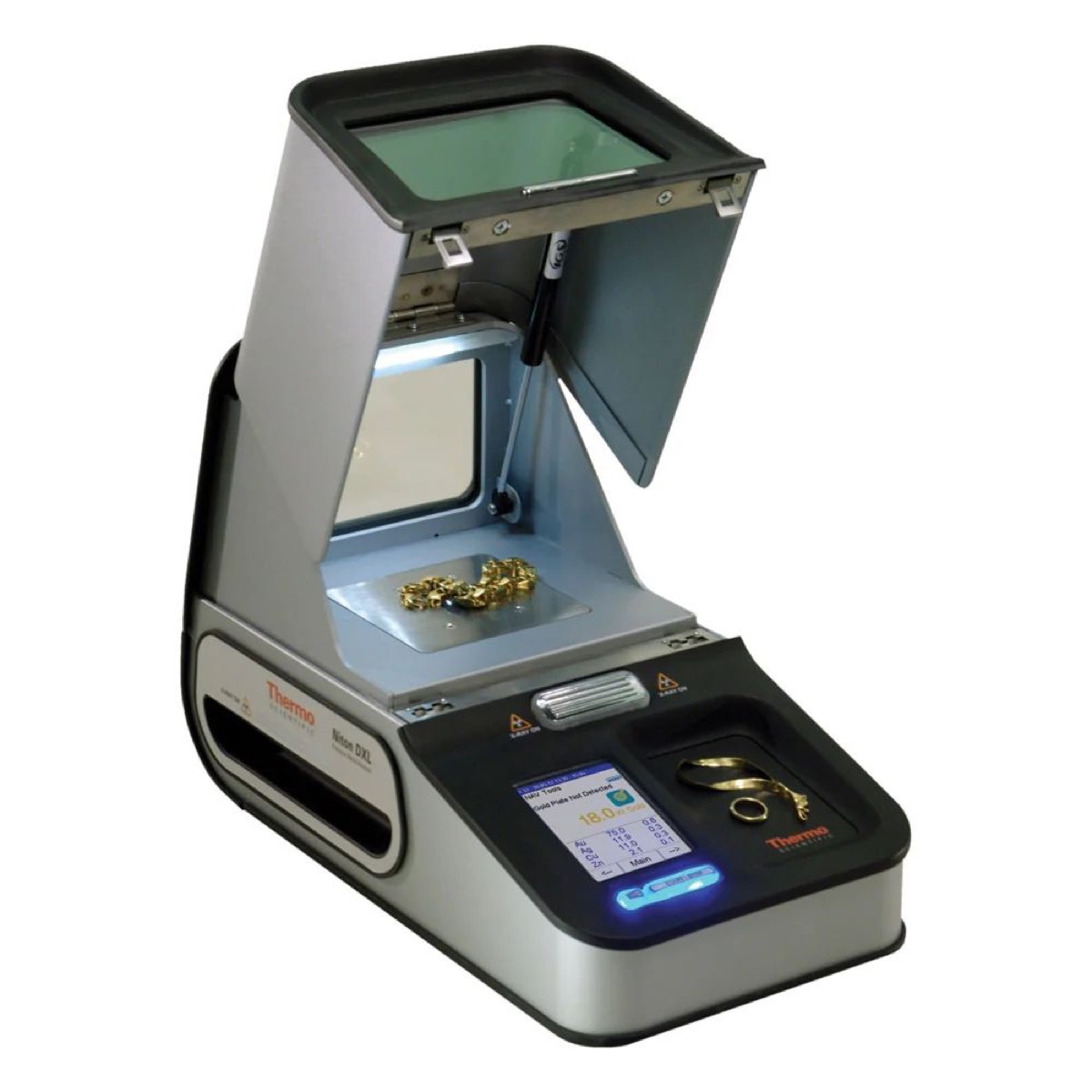 Röntgenfluoreszenzanalysegerät Thermo Scientific Niton DXL, geöffnet, mit Goldschmuck in der Prüfkammer